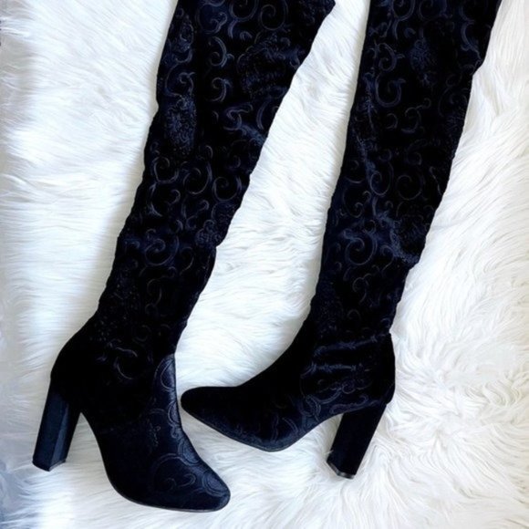 5.5/6/6.5/7 Black embroidered over the knee boots chunky block heel velvet - Picture 6 of 8
